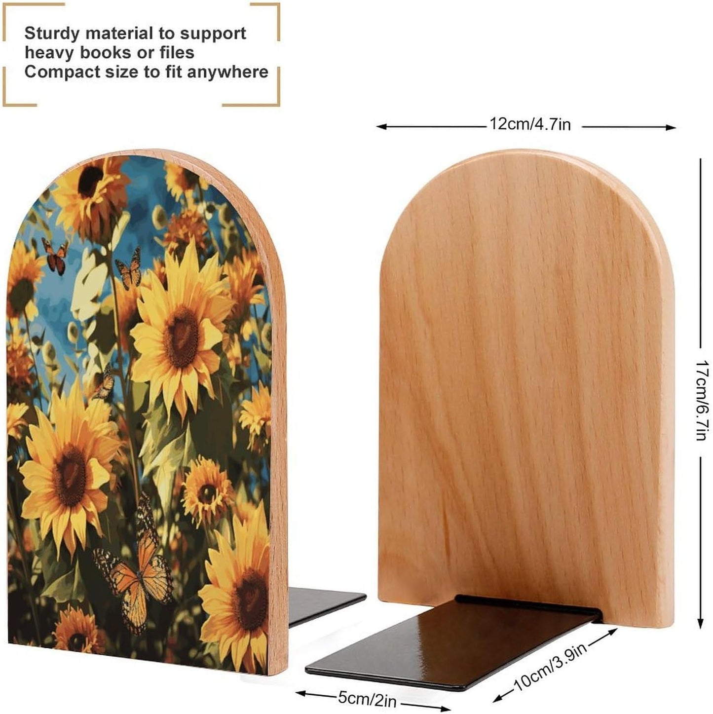 Sunflowers and Butterflies Bookend for Shelves Wooden Book End Large Size Sturdy Book Holders Stoppers with Metal Base for Bookshelves Slick Decorative Bookends Stands