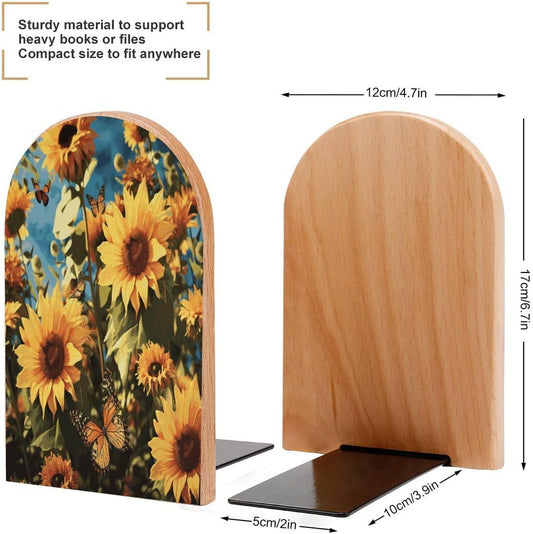 Sunflowers and Butterflies Bookend for Shelves Wooden Book End Large Size Sturdy Book Holders Stoppers with Metal Base for Bookshelves Slick Decorative Bookends Stands