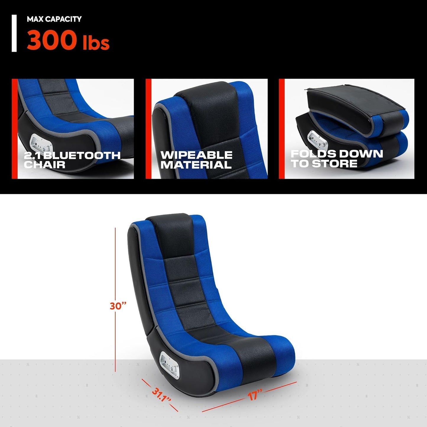 X Rocker SE Video Gaming Chair with 2 Headrest Audio Speakers, Foldable Floor Rocker with Wireless Bluetooth or Wired Connection, 200 lbs Max, Blue Black Gray