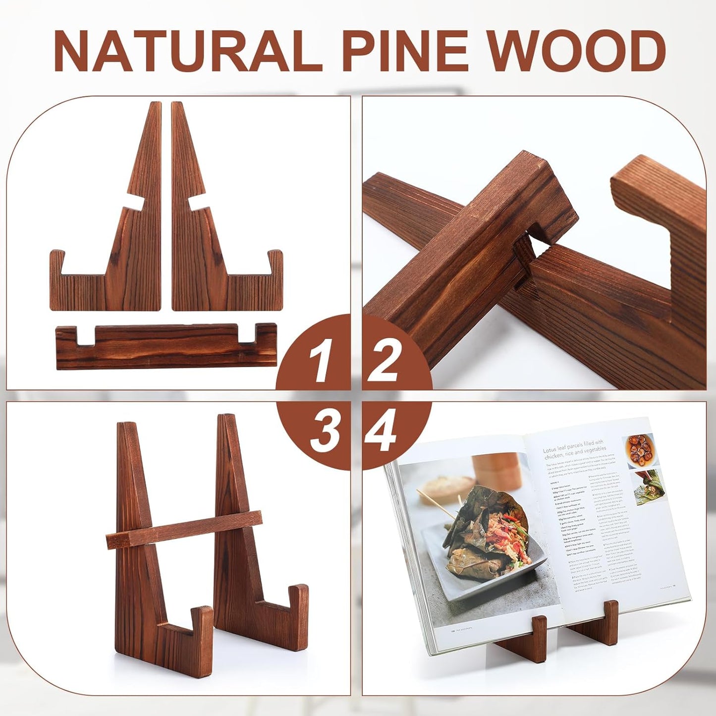 6 Pack Cookbook Stand for Kitchen 8.7 Inch Wooden Recipe Book Holder for Kitchen Counter Rustic Brown Multifunction Decorative Table Top Easels Stand for Display Cook Book Plate Picture Frame