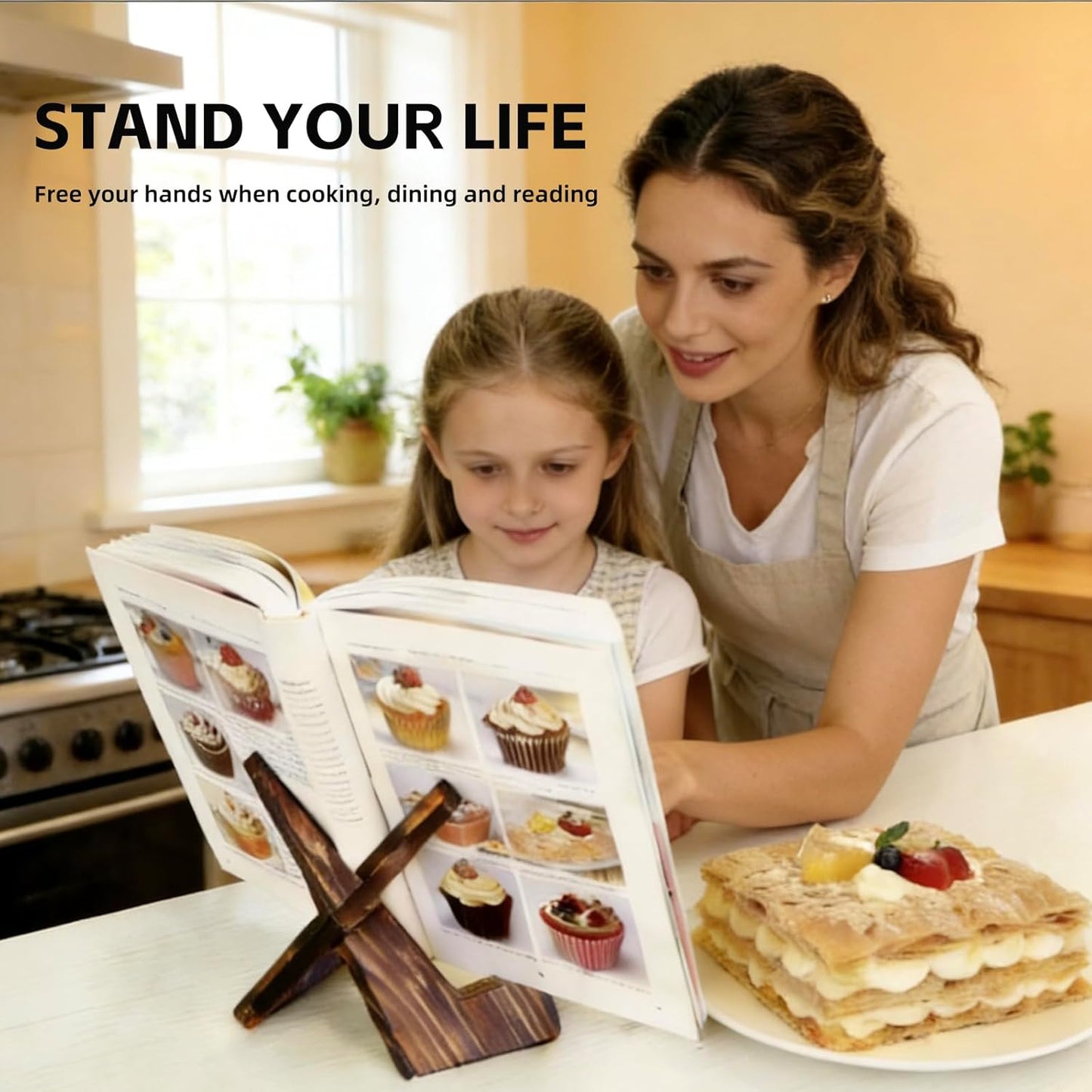 Recipe Book Holder, Cookbook Stand with Tablet Holder. Rustic Brown Vintage Wooden Shelf for Cooking Kitchen, Baking, Pad, Recipe Books. Space Saving Home Decor Organizer Gift.