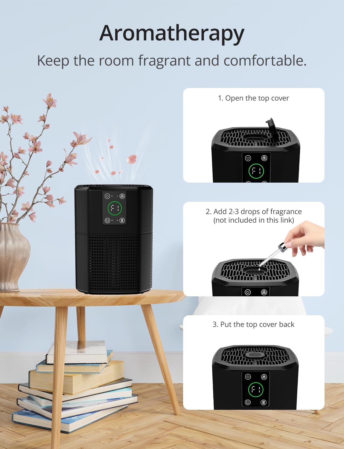 Air Purifier for Home Bedroom Pets, FETIONS Air Cleaner with Ambient light Fragrance Sleep Mode, Compact with H13 HEPA Filter for Dander Smoke Pollen Odor, 9 Timer Settings, 4 Fan Speeds,Black,1 Pack