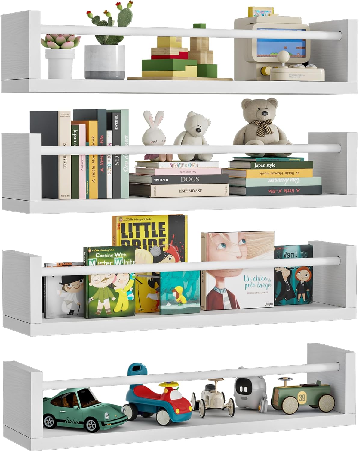 Kids Floating Wall Book Shelves — Set of 4, 16.5 in, White, Nursery & Toy Storage