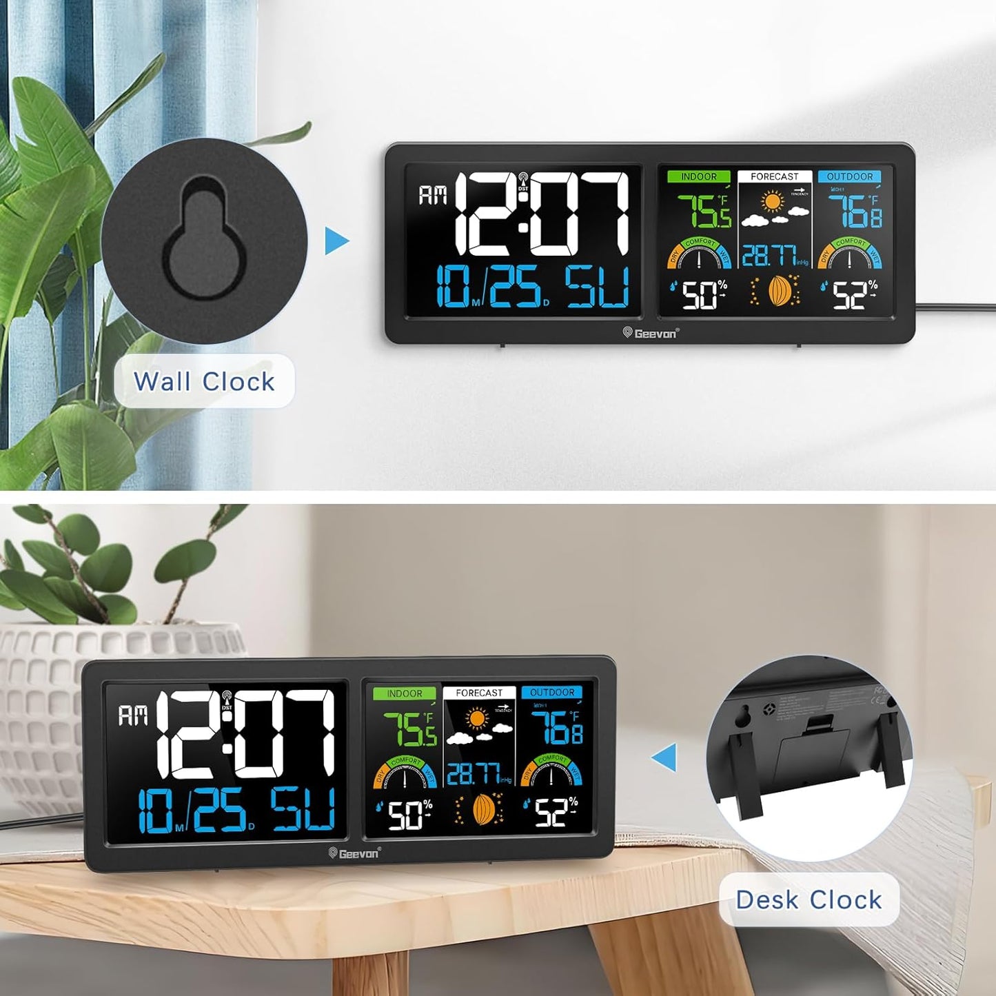 Geevon Weather Stations Wireless Indoor Outdoor Thermometer with Atomic Clock, HD Color Display Digital Temperature Humidity Gauge with Brometer, Comfort Indicator, and Adjustable Backlight (Black)