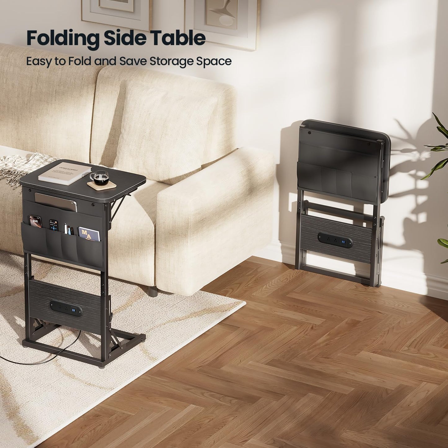 HLDIRECT C Shaped End Table with Charging Station, Couch Side Table with Storage Bag, Foldable TV Tray with 2 USB Ports and Outlets for Living Room, Bedroom, Black
