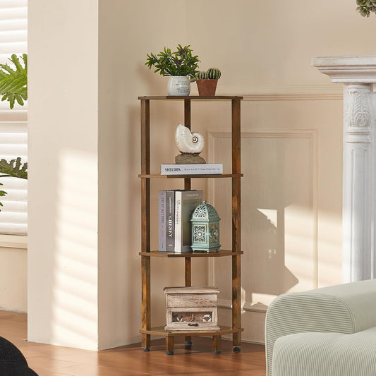 4-Tier Corner Shelf with Sturdy 5-Leg Base, 40in Tall Narrow Bookcase for Small Spaces, Wooden Plant Display Shelf, Thin Bookshelf for Living Room, Bedroom, Office, Brown