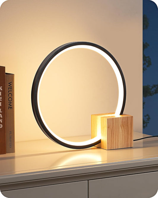 EDISHINE Modern LED Table Lamp, Bedside Lamp with One-Piece Solid Wood Base, 3 Color Temperature & Stepless Dimmable, Nightstand Lamp for Bedroom, Living Room, Reading Room 540LM 12W
