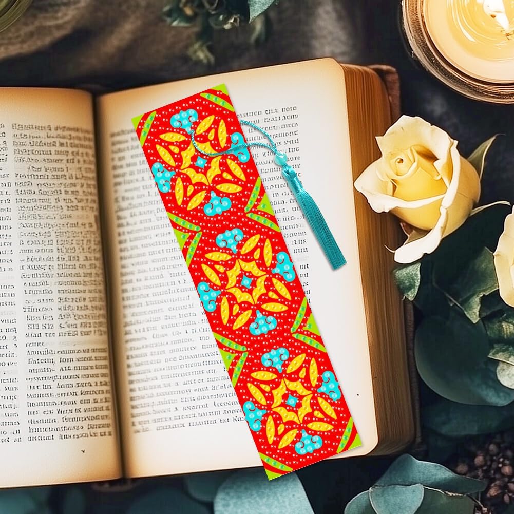 6Pcs Geometric 5D Diamond Art Bookmarks Vintage Floral Diamond DIY Painting Bookmarks Rhinestones Beaded Acrylic Tassel Bookmark for Adult Beginner Crafts