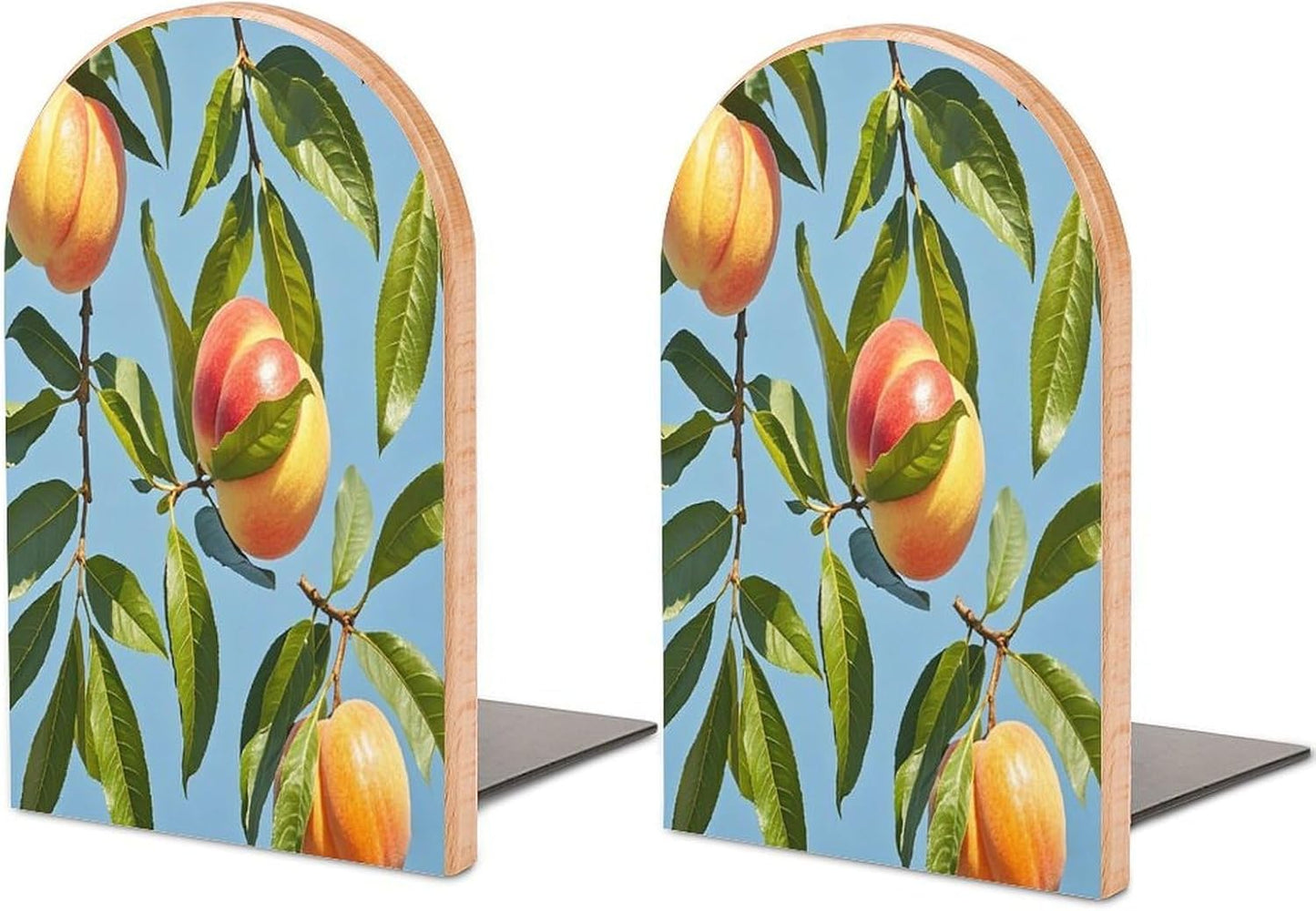 with Peach Leaves Bookends 1 Pair Heavy Duty Book Ends for Shelves Non-Skid Bookend Supports Wooden Book Holders with Metal Base Desk Organizers Books Storage to Hold Books