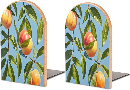 with Peach Leaves Bookends 1 Pair Heavy Duty Book Ends for Shelves Non-Skid Bookend Supports Wooden Book Holders with Metal Base Desk Organizers Books Storage to Hold Books