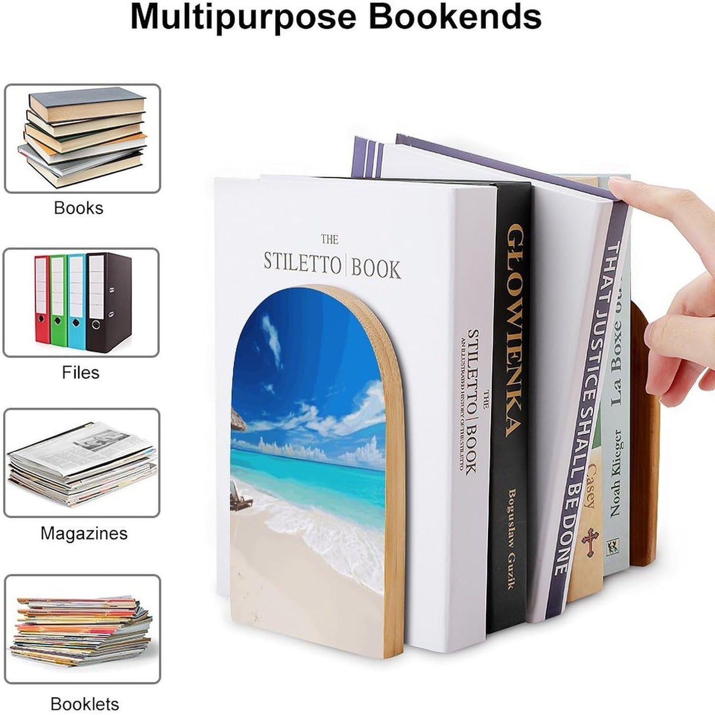 Non-Slip Bookend for Shelves White Beach Tropical Sea Wooden Bookends with Metal Base Decorative Book Stopper for Home Heavy Duty Wood Book Storage for Books/CDs