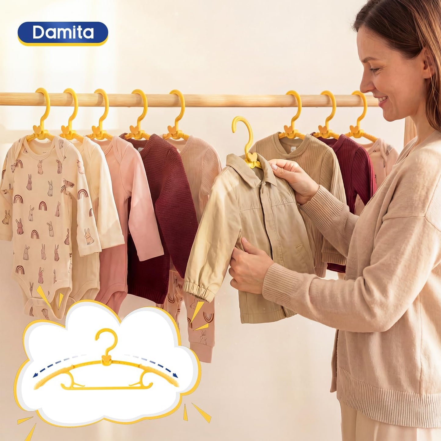 Damita Baby Hangers 11"-14" Adjustable Plastic Kids Hangers, Non-Slip Nursery Clothes Hanger with Small Butterfly Hooks, Sunny Yellow Childrens Hanger for Newborn to Toddler Closet Space Saving 20Pack