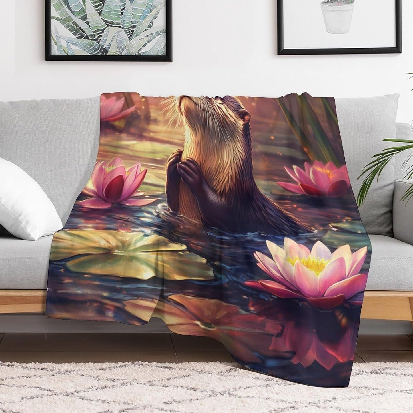 Otter Lotuses Throw Blanket for Couch Bed Plush Cozy Fuzzy Flannel Blanket for All Season 50"x60"