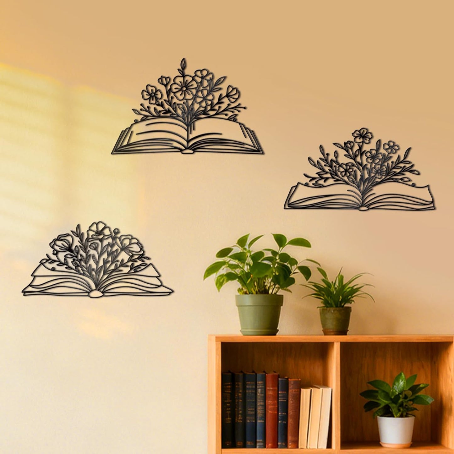 Zzbakress 3 Pcs Book Wall Decor Metal Flower Wall Art, Library Decor Hanging Sculpture, Reading Nook Silhouette Wall Hanging for Home Office Reading Room Teacher Gift (Elegant)