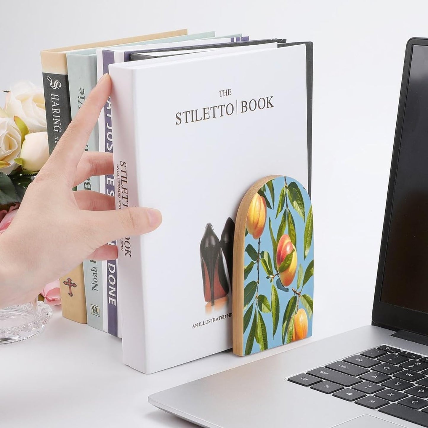 with Peach Leaves Bookends 1 Pair Heavy Duty Book Ends for Shelves Non-Skid Bookend Supports Wooden Book Holders with Metal Base Desk Organizers Books Storage to Hold Books