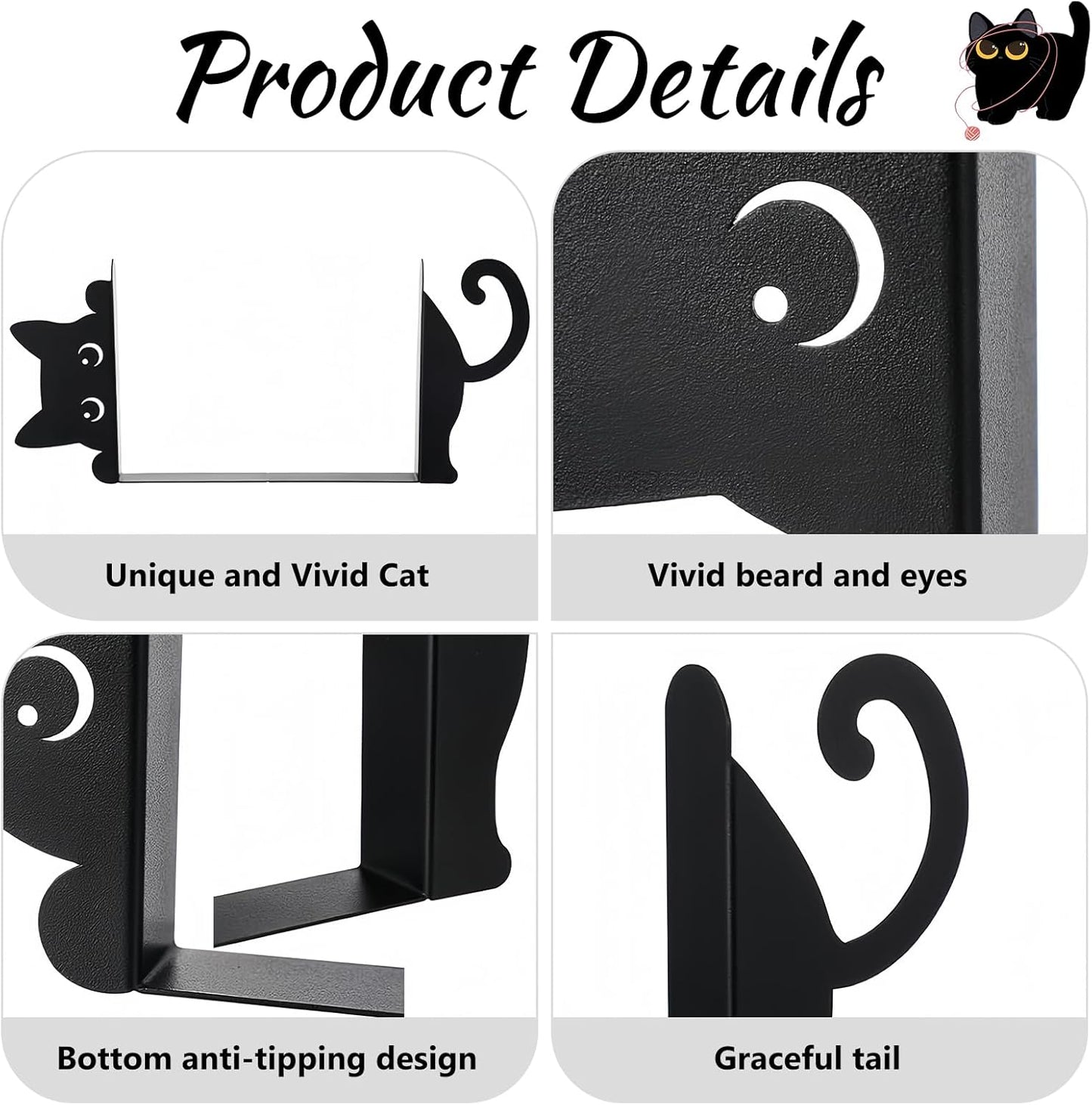 Peeping Cat Black Metal Bookends，Book Ends for Shelves Decorative，Cute Book Stopper for Office Home Desk Bookshelf Decor，cat Decor for cat Lovers
