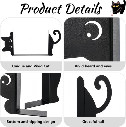 Peeping Cat Black Metal Bookends，Book Ends for Shelves Decorative，Cute Book Stopper for Office Home Desk Bookshelf Decor，cat Decor for cat Lovers