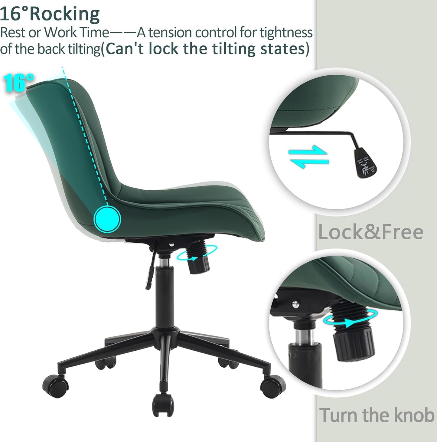 YOUTASTE Dark Green Armless Office Chair, Modern Adjustable Swivel Desk Chair with Wheels, Upholstered PU Leather, Black Metal Legs, Back Support for Home Office, Study, Vanity, Bedroom
