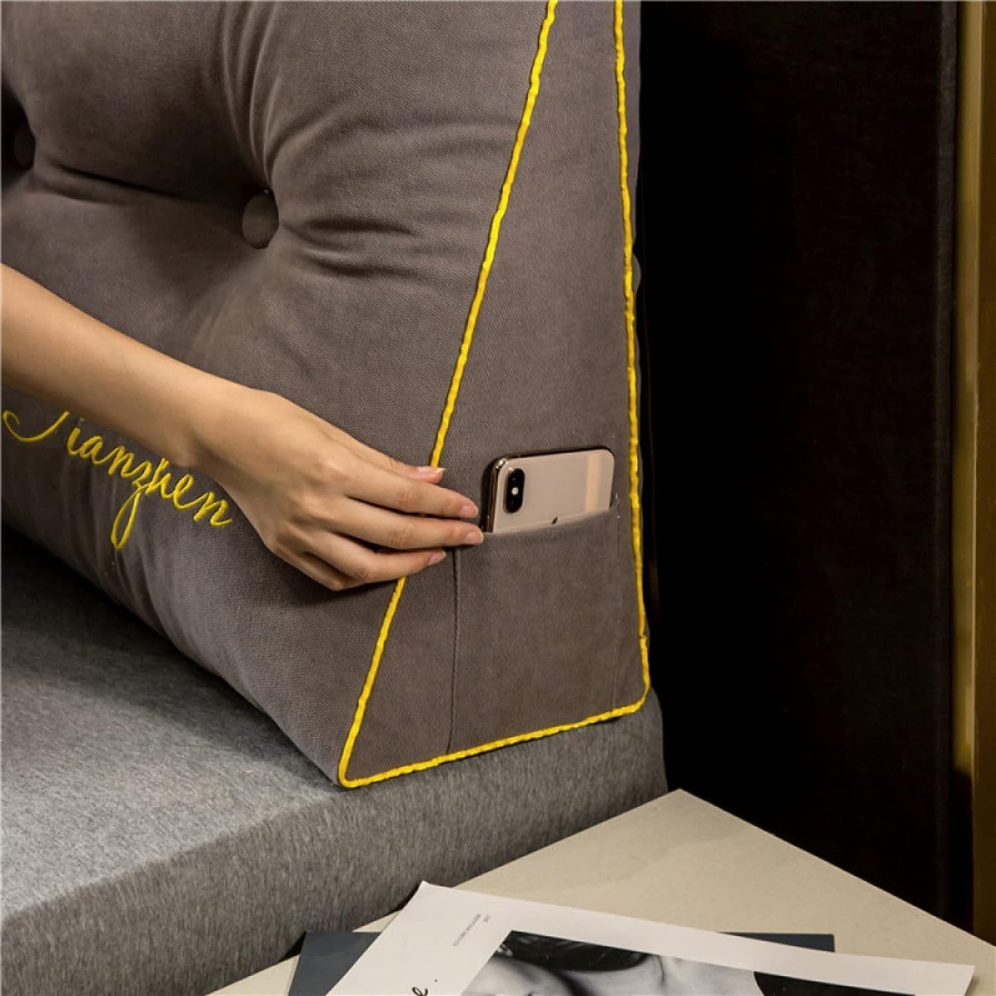 Triangular Headboard Backrest Reading Pillows Wedge Pillow Back Cushion Letter Embroidery Reading Support Pillows Daybed Removable Washable(Size:80×50×20cm,Color:F)