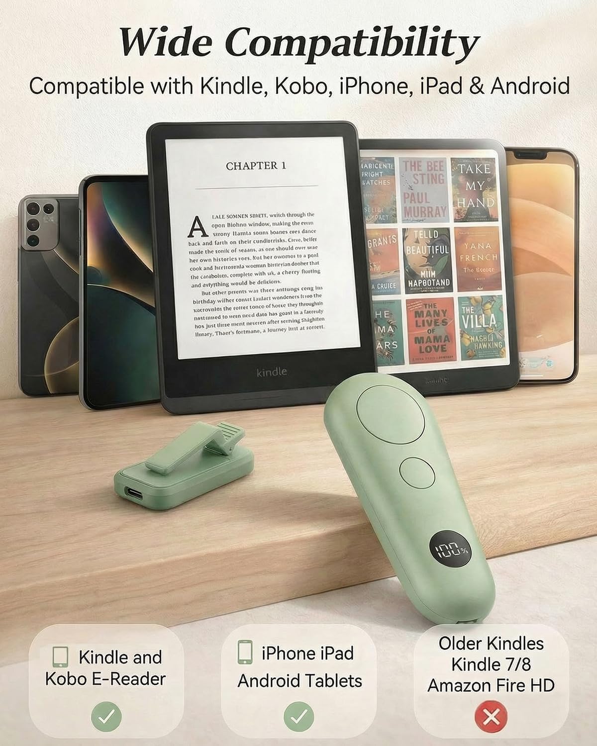 RF Remote Control Page Turner with Upgrade LCD Power Display, Wireless Reading Clicker for Kindle Paperwhite Kobo Oasis iPad, Phone Camera Remote Trigger, 36-Month Warranty (Green)