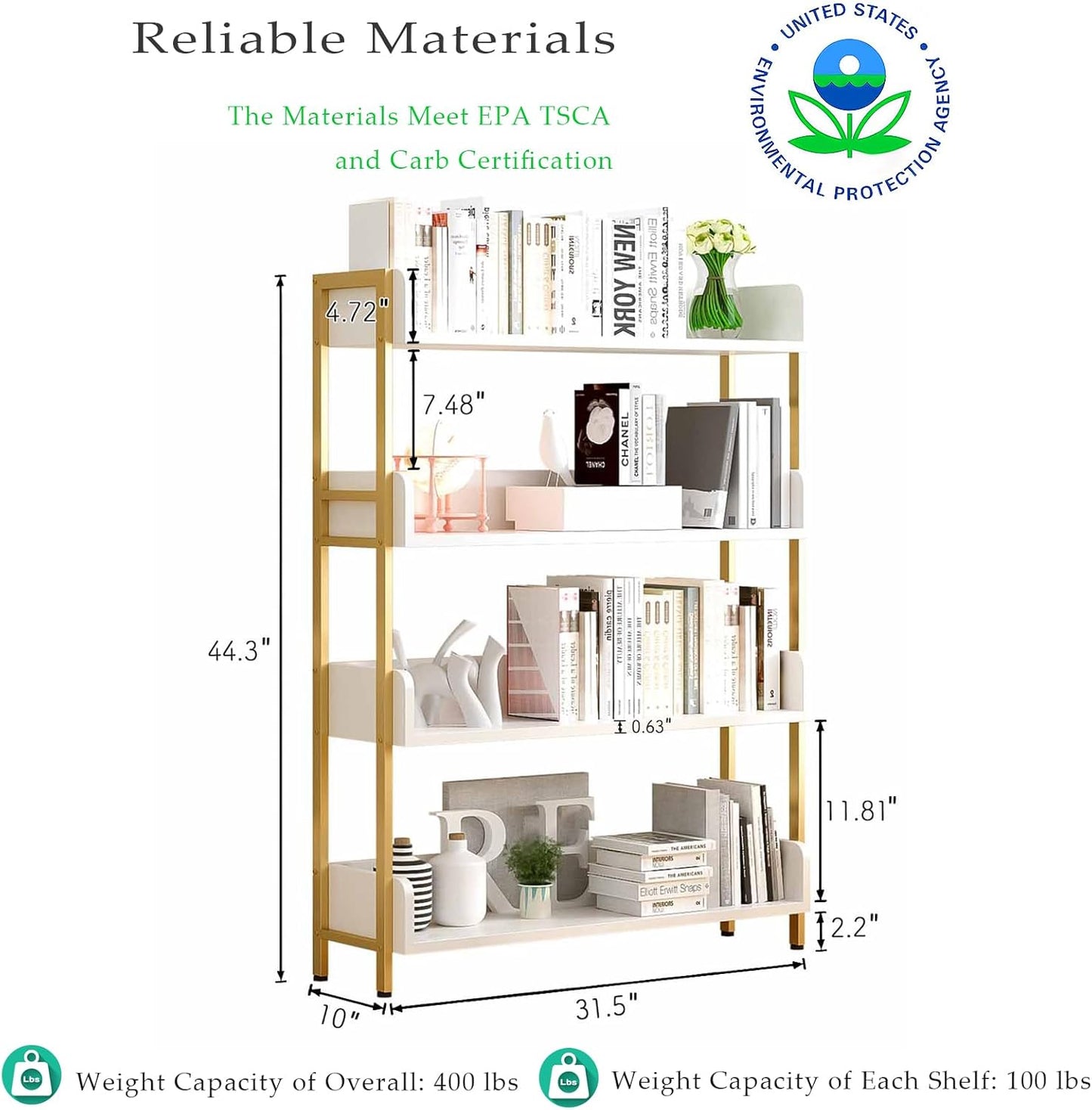 Wide Open Shelf Bookcase - Modern 4-Tier Floor Standing Display Bookshelf with Three-Side Baffles for Home and Office, Storage Shelving in Warm White with Gold Frame
