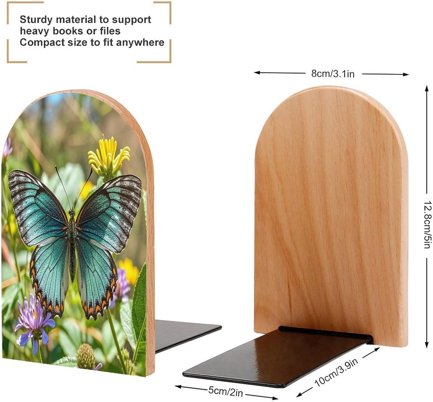Charming Butterfly Bookends 1 Pair Heavy Duty Book Ends for Shelves Non-Skid Bookend Supports Wooden Book Holders with Metal Base Desk Organizers Books Storage to Hold Books