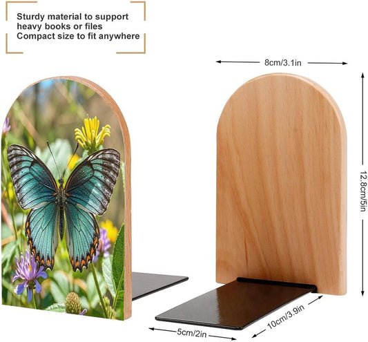 Charming Butterfly Bookends 1 Pair Heavy Duty Book Ends for Shelves Non-Skid Bookend Supports Wooden Book Holders with Metal Base Desk Organizers Books Storage to Hold Books