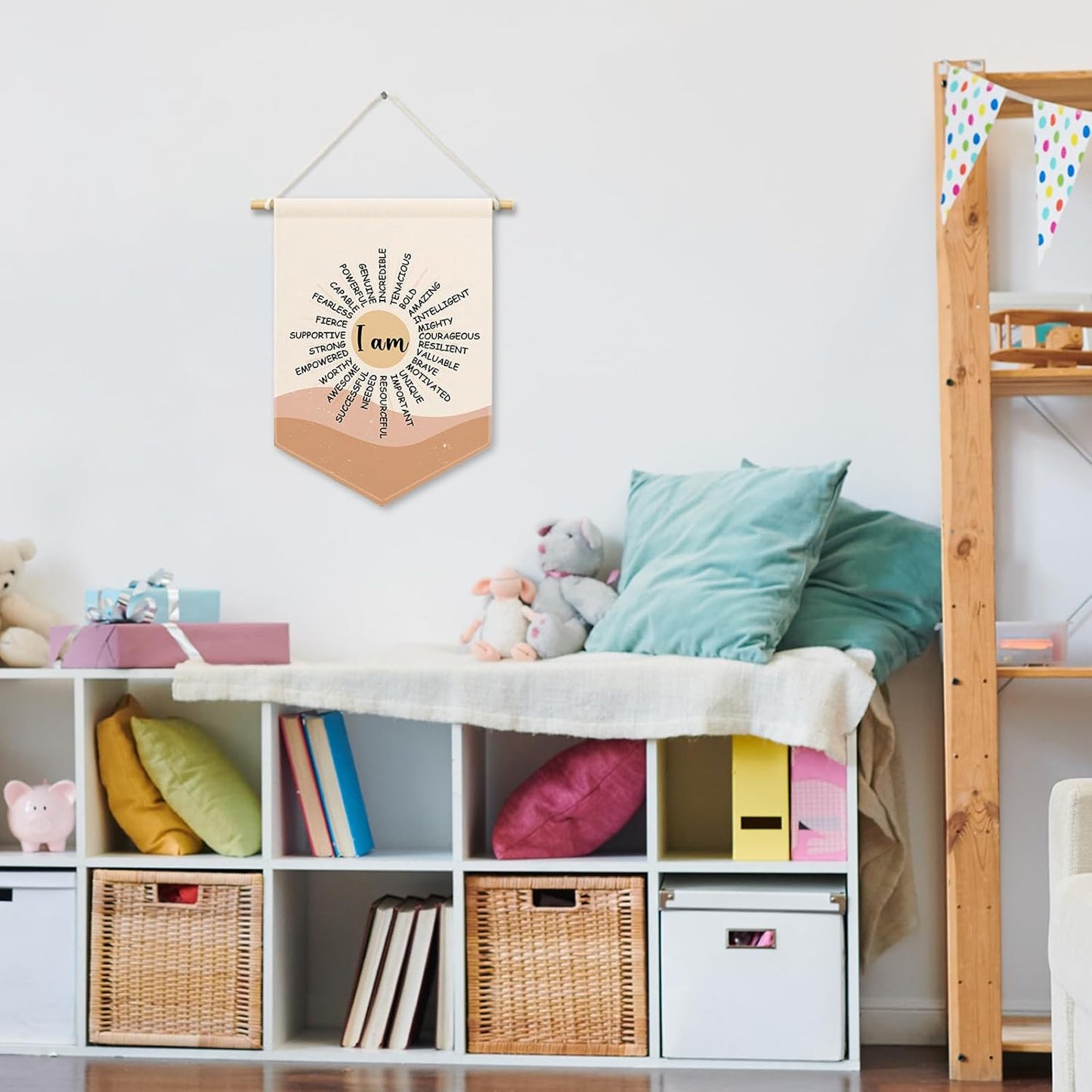 Boho Sun Inspirational Kids Room Decor, Nursery I Am Strong Amazing Banner Canvas, Positive Classroom Wall Hanging Frame Decor Art Pennant Flag for Playroom Toddler Room Preschool 11x15in