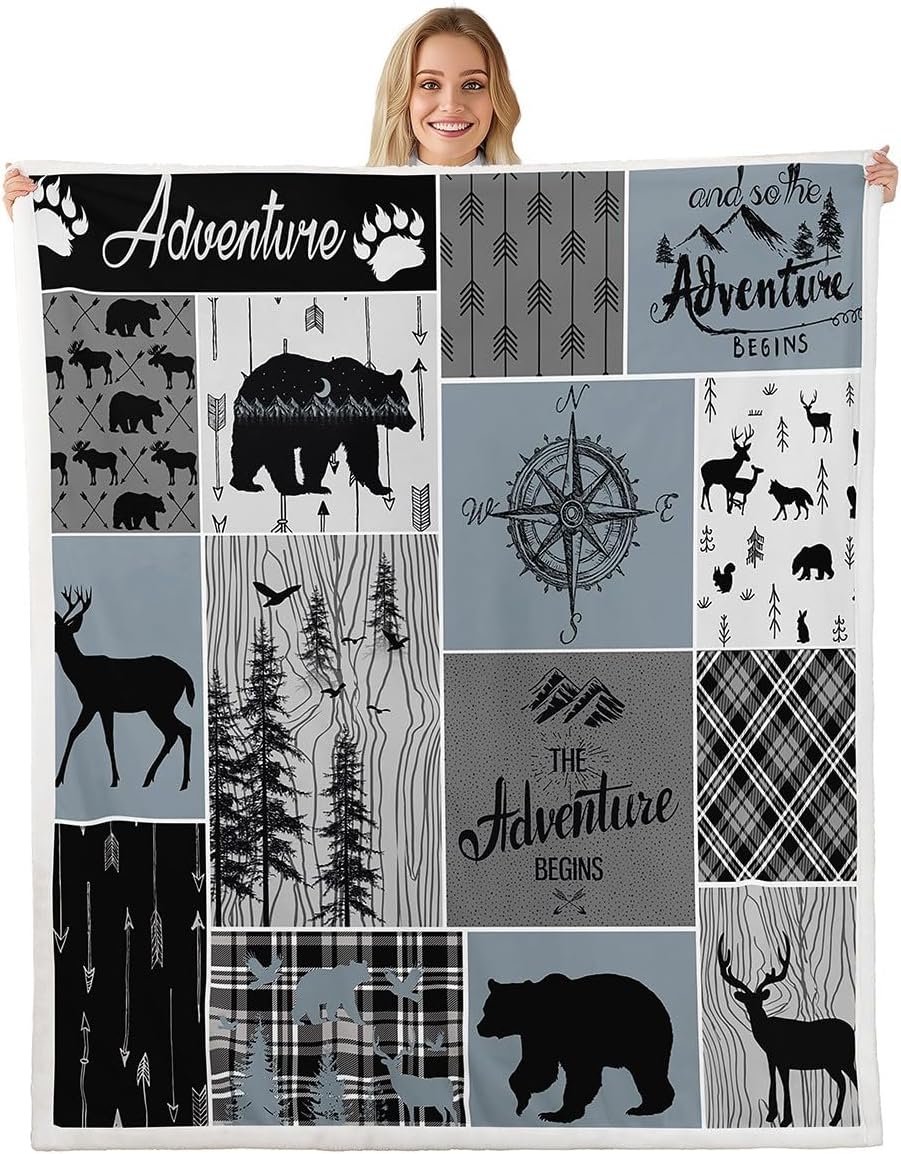 Cabin Rustic Lodge Throw Blanket, Bear Deer Vintage Fleece Blanket Twin Size, Country Farmhouse Patchwork Sherpa Blanket Woodland Plaid Patchwork Fuzzy Blanket Decorative Sofa Couch, Grey Black