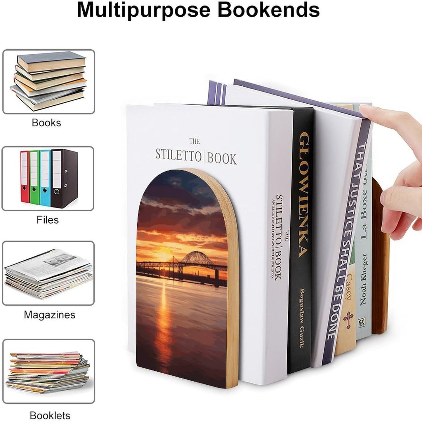 Non-Slip Bookend for Shelves Newark Bay Bridge and Sunset Wooden Bookends with Metal Base Decorative Book Stopper for Home Heavy Duty Wood Book Storage for Books/CDs
