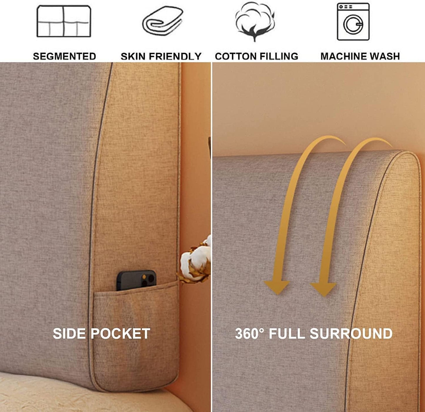 Large Cotton Linen Headboard Bed Backrest Pillow Filled Soft Wedge Cushion Wall Pillows Positioning Support Reading Pillow(Size:Paste 61"/155cm,Color:Dark Gray)
