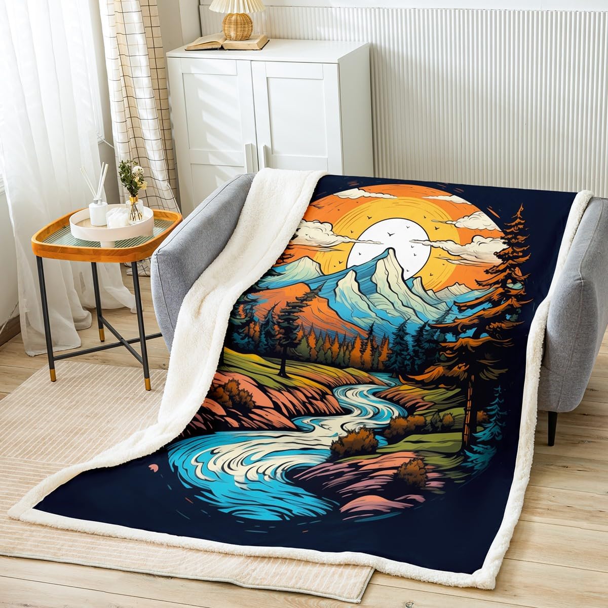 Feelyou Boys Girls Mountain Sunset Plush Blanket for Bed Sofa Couch Oil Painting Sherpa Blanket Nature Theme Fleece Throw Blanket Kids Vintage Style Teens Fuzzy Blanket Room Decor Twin 60"x80"