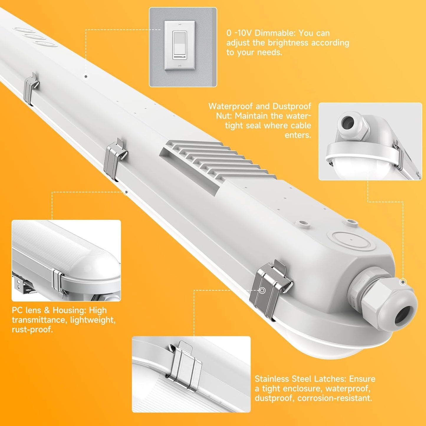 4FT LED Vapor Tight, 60W 7800LM 5000K Vapor Proof LED Light Fixture, 0-10V Dimmable, 100-277V for Warehouse, Car Wash, Walk-in Freezer, Parking Garage, ETL Listed