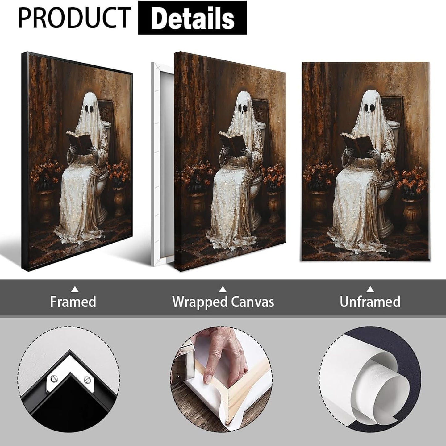 Vintage Ghost On Toilet Reading Books Gothic Aesthetic Wall Art Horror Halloween Poster Ghost In Bathroom Canvas Prints Spooky Dark Academia Pictures For Bedroom Bathroom Decor 12x16in Unframed