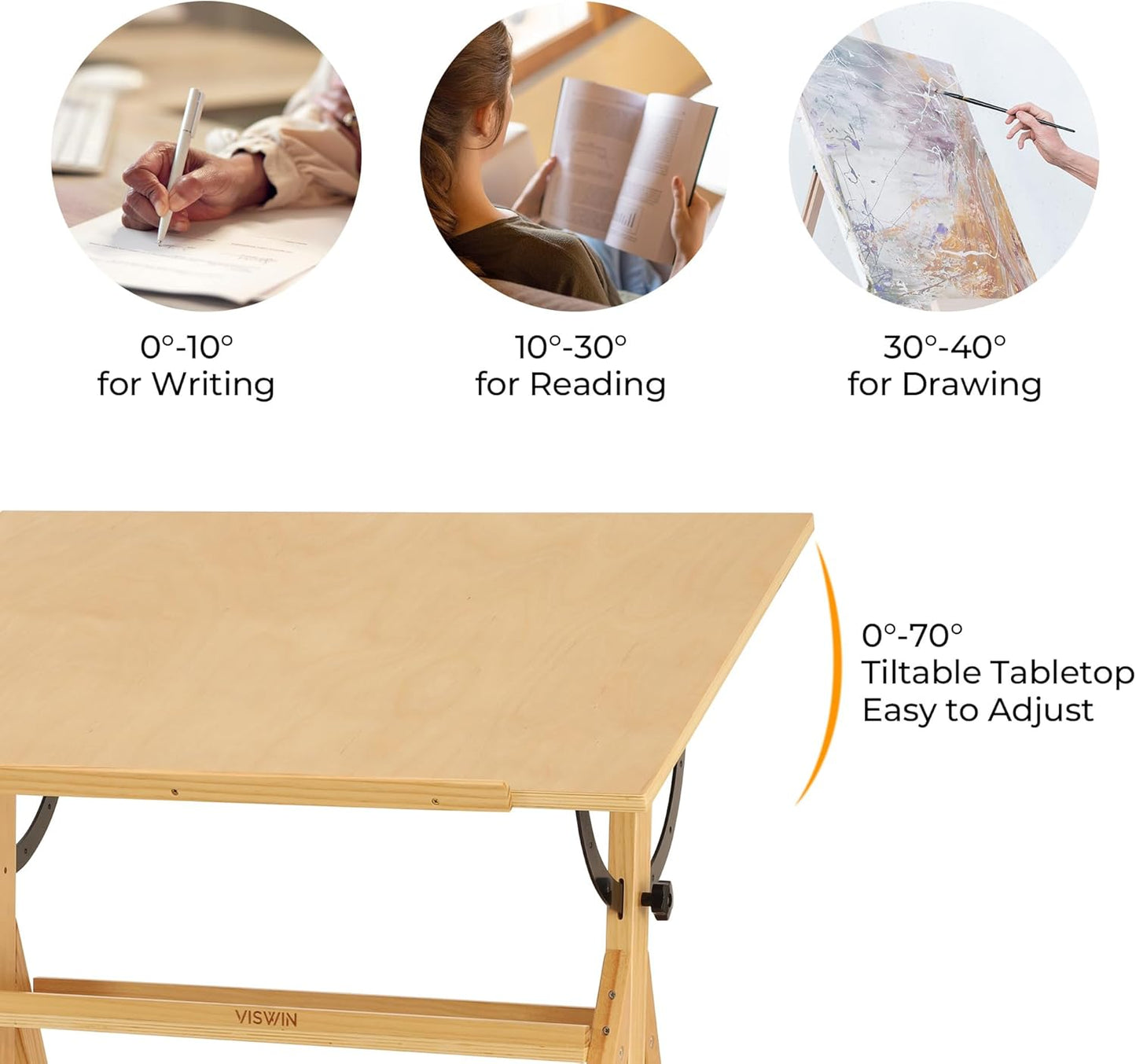 VISWIN Wood Drafting Table for Adults, Drawing Table with Adjustable Angle & 2-Tier Storage Racks for Art Studio, Solid Pine Wood Artist Desk for Drawing, Drafting, Writing, Reading, Sketching