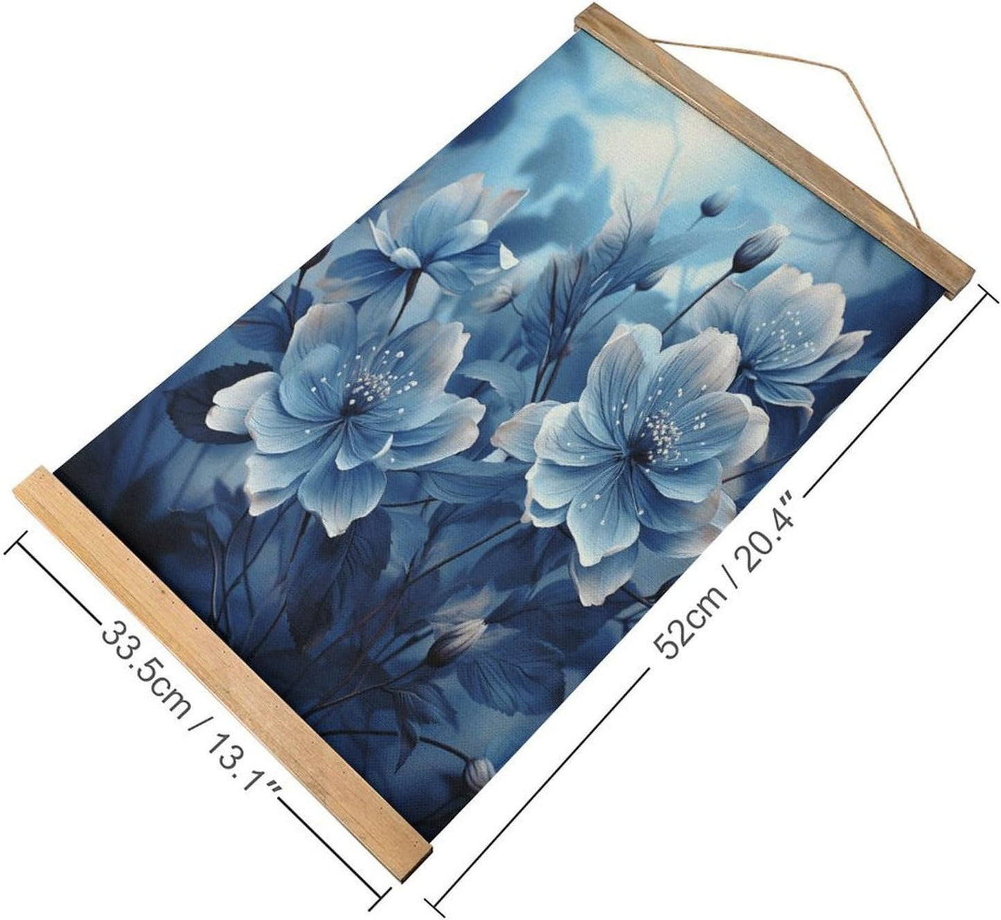 Vintage Blooming Blue Flowers Poster with Wooden Frame Personalized Linen Hanging Scroll Painting Rustic Wall Hanging Illustrative Modern Artwork Decor for Home Living Room Bedroom Office