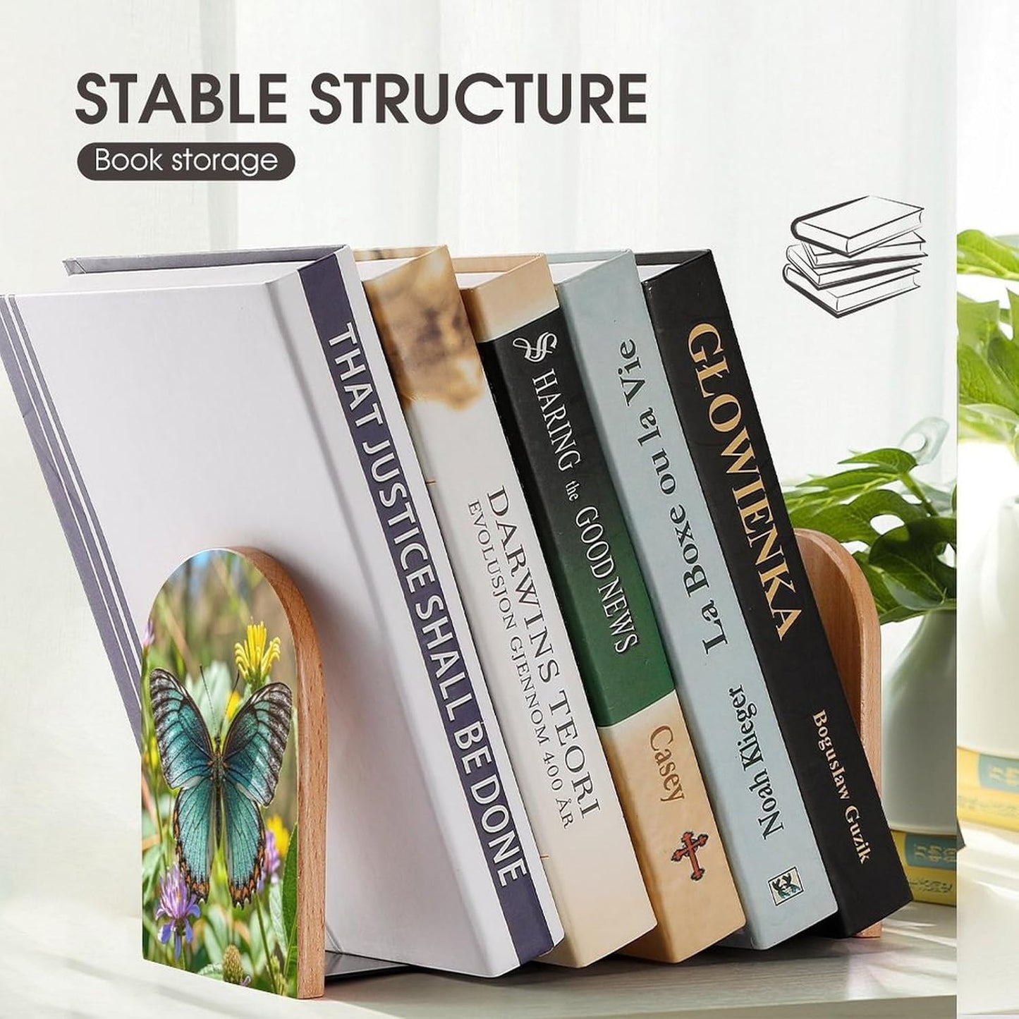 Charming Butterfly Bookends 1 Pair Heavy Duty Book Ends for Shelves Non-Skid Bookend Supports Wooden Book Holders with Metal Base Desk Organizers Books Storage to Hold Books