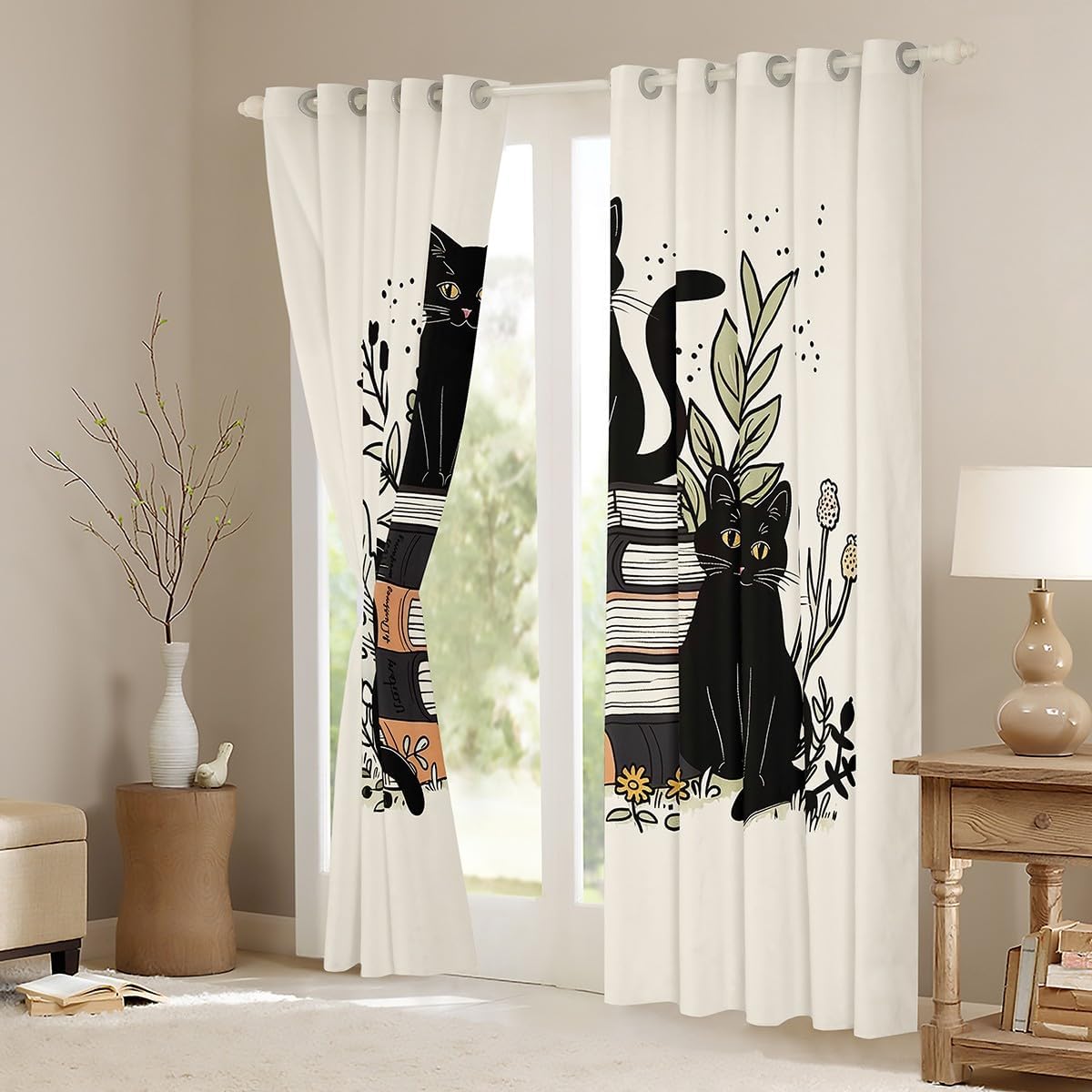 jejeloiu Black Cat Curtains for Bedroom Living Room Garden Floral Blackout Darkening Drapes Cute Kitten Window Treatments, 2 Panels 52 x 84 Inch Reading Book Room Decor
