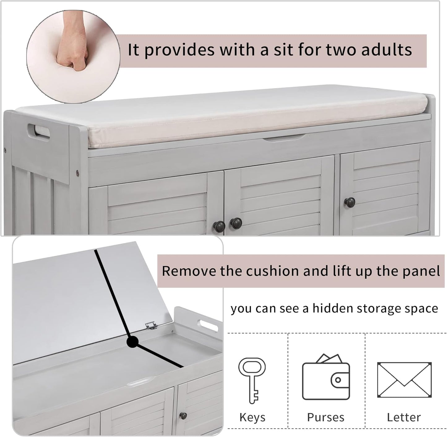 Wood Storage Bench 3 Shutter-Shaped Doors,Multifunction Shoebox,W/ 2 Size and Removable Cushion & Hidden Savings Space,for Entryway,Bedroom,Living Room,Gray Wash