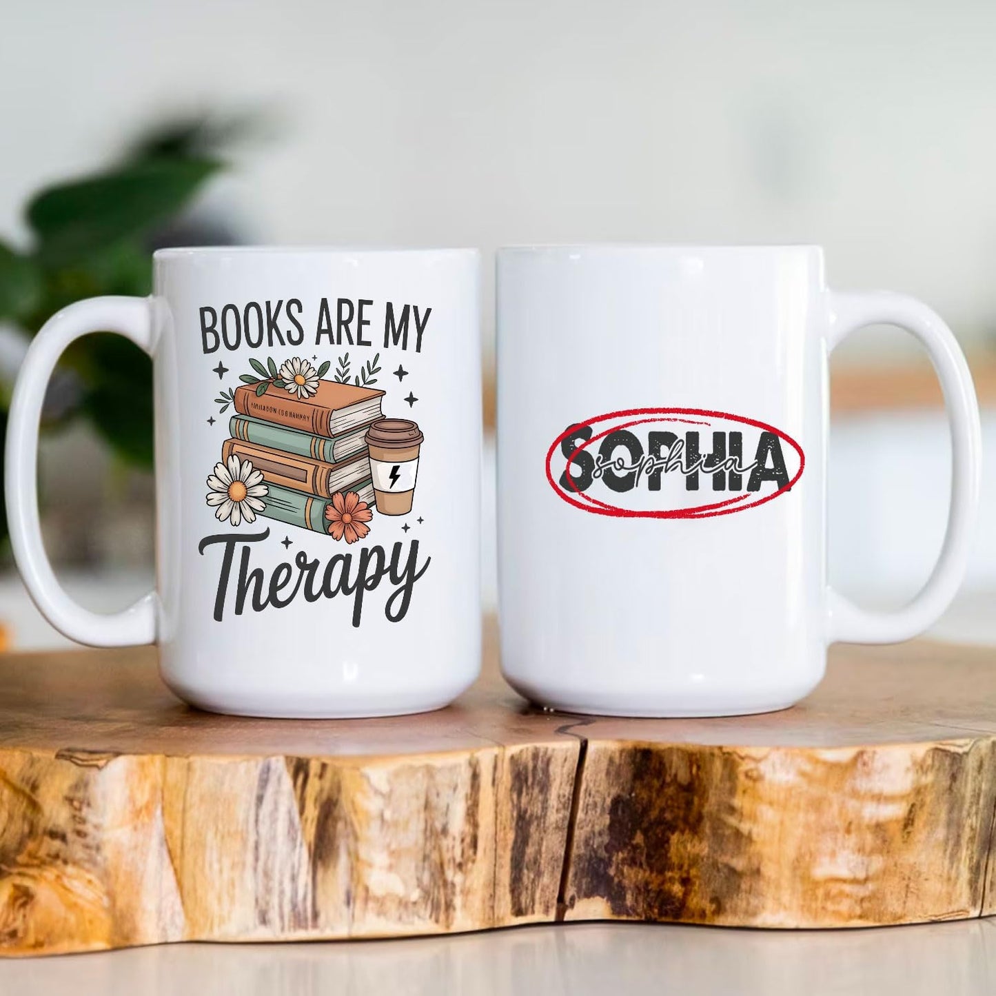 Personalized Books Are My Therapy 15 oz Ceramic Mug Custom Name for Book Reading Lovers