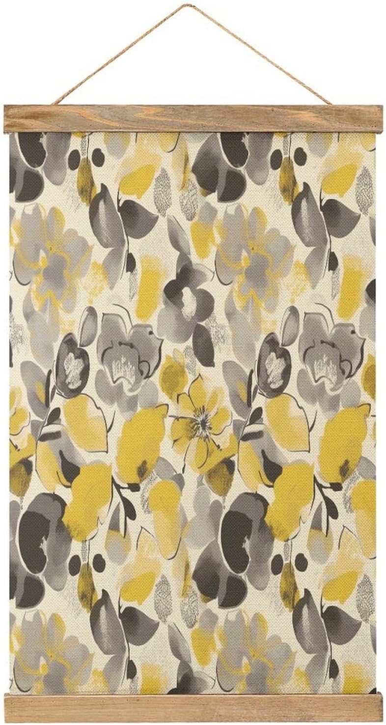 Vintage Yellow Gray Flower Poster with Wooden Frame Personalized Linen Hanging Scroll Painting Rustic Wall Hanging Illustrative Modern Artwork Decor for Home Living Room Bedroom Office