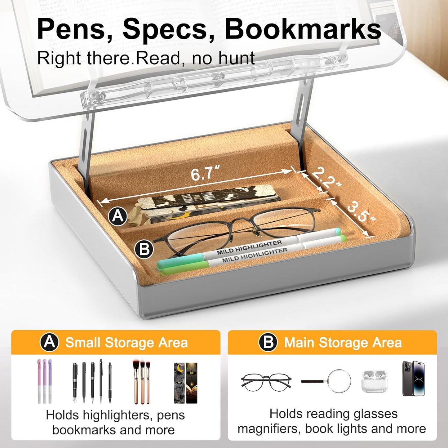 Book Stand with Storage, Book Holder for Reading Hands Free, Wooden Cookbook Stand for Kitchen Counter, Adjustable Reading Stand for Desk, Recipe Stand, Book Prop for Book Lovers (Clear)