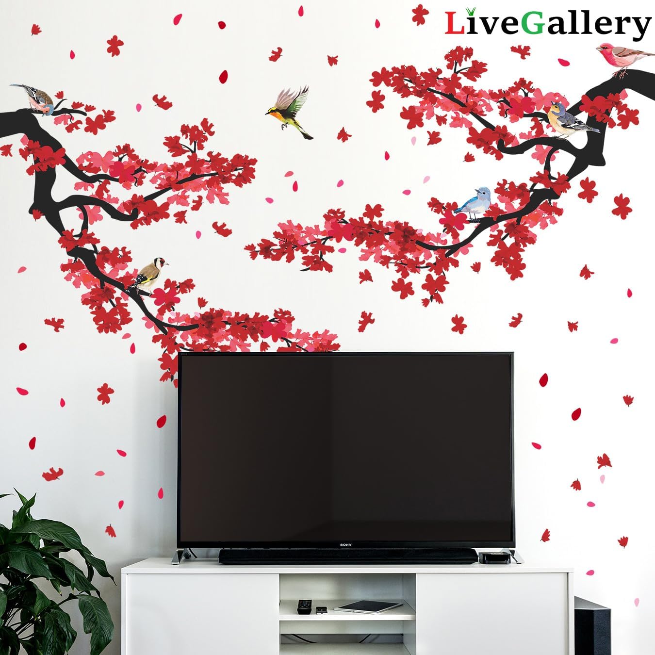 3D Red Plum Branch Wall Sticker Creative Flower Birds Frolic Pastoral Style Wall Decals Removable Peel and Stick for Kids Girls Bedroom Living Room Office TV Background Classroom Art Wall Decor (A)