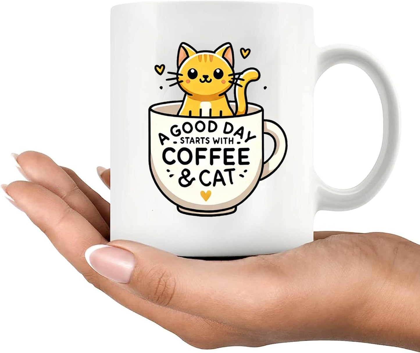 Panvola A Good Day Starts With Coffee and Cat Cute Cat Gifts for Coffee Lover Girlfriend Boyfriend Sister Brother Friend Pet Owner Mom Dad Ceramic Mug 11 oz White