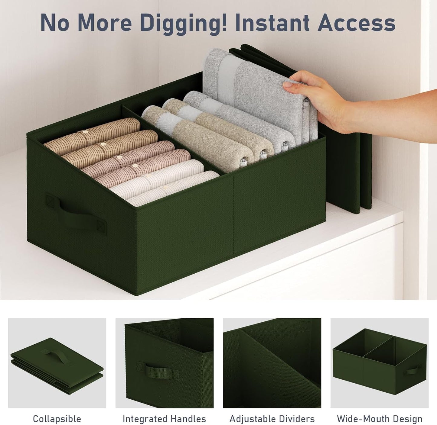 DIMJ Large Closet Shelf Organizer Bins 4 Packs with Handles and Divider, Fabric Trapezoid Storage Baskets, Foldable Clothes Containers Box for Shelf, Towel, Book, Toy, Purse, Hats, Green