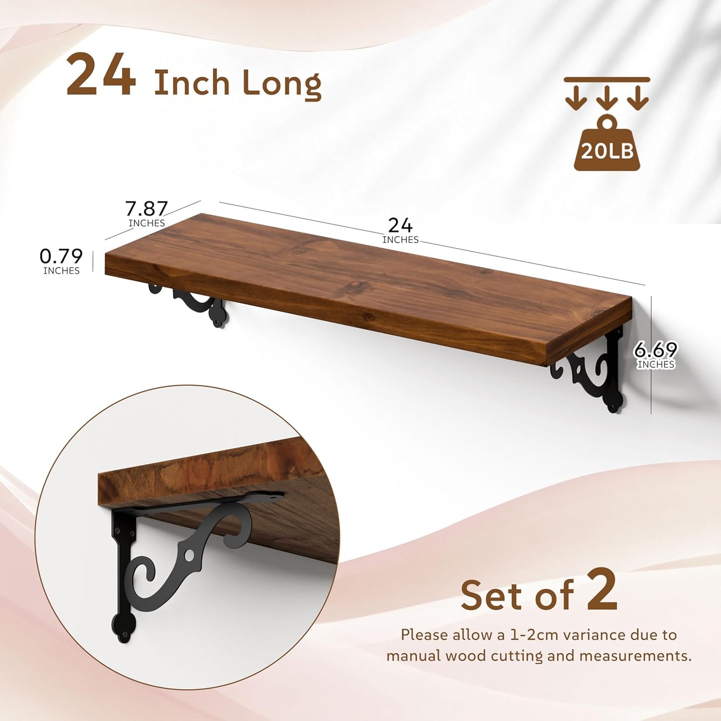 Solid Wood Floating Shelves for Wall with Metal Brackets,2 Tier 24 inch Pinewood Wall Shelf,Suitable for Multiple Places Such As Bedrooms,Kitchens,and Living Rooms(Walnut Finish)