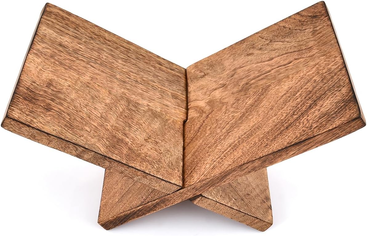 Edhas Wooden Book Holder, Coffee Table Stand & Easel for Magazines, Art, Cookbooks, Bible or Quran – Handcrafted Mango Wood with Burnt Finish (12.5" x 7" x 6")