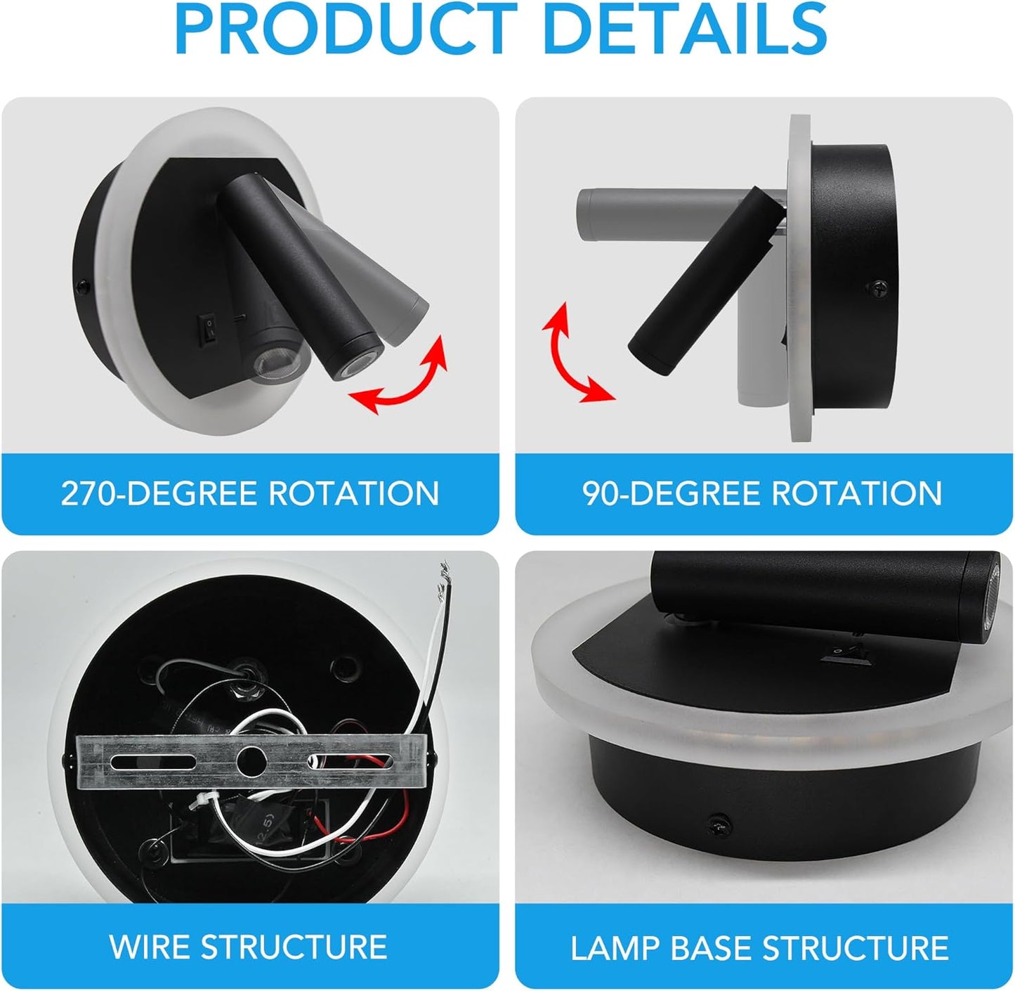 Facon 12V RV Wall Sconce Reading Light with w/18W USB-C Fast Charger, 270° Rotatable Spot Lights with Independent Switches, RV Interior Light for Bedroom, Camper, Trailer, Tiny Homes