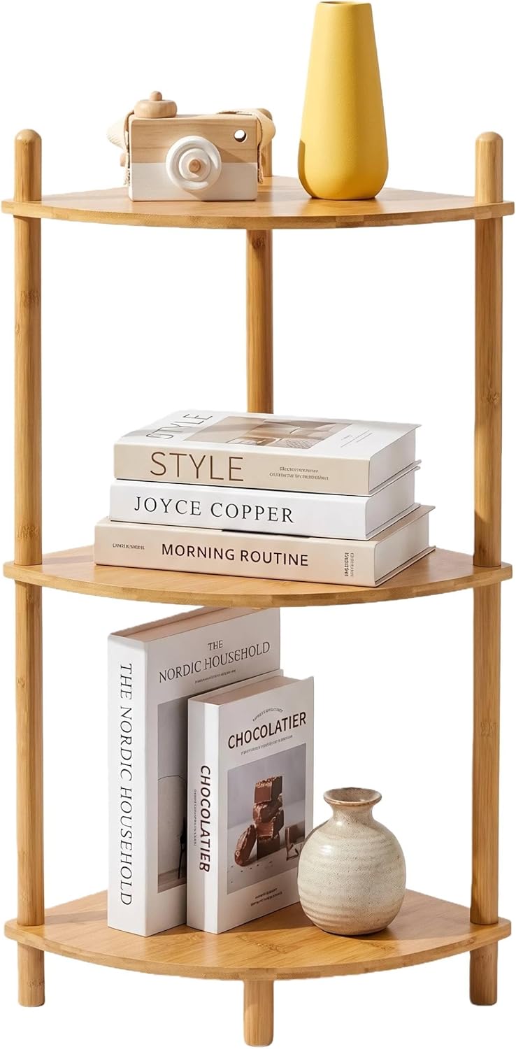 3-Tier Expandable Bamboo Corner Shelf Stand,Corner Bookshelf, Display Storage Shelves with Open Shelves, for Organization and Storage, Living Room, Home Office, Garage (1, Natural, 3-Tier)