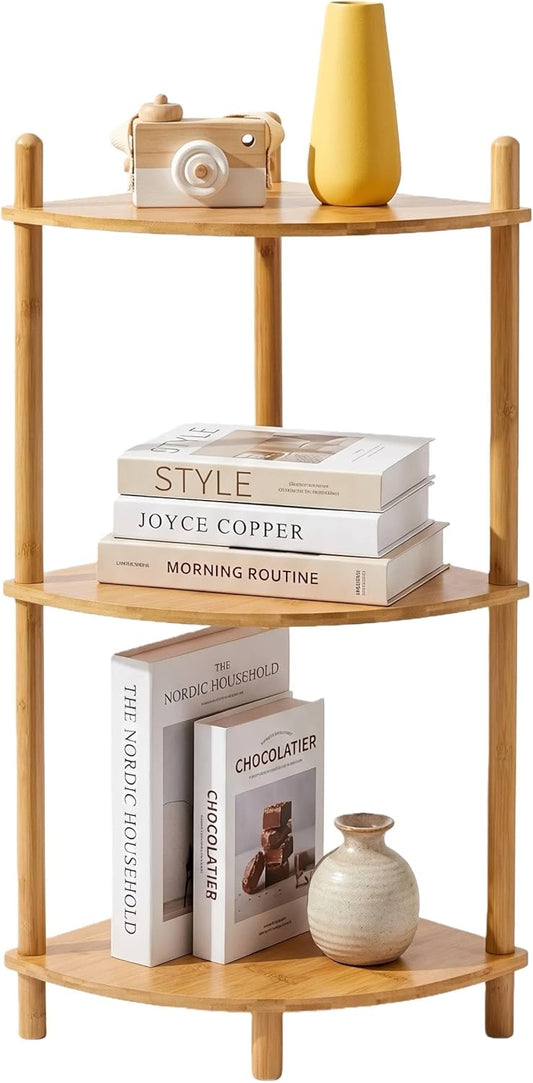 3-Tier Expandable Bamboo Corner Shelf Stand,Corner Bookshelf, Display Storage Shelves with Open Shelves, for Organization and Storage, Living Room, Home Office, Garage (1, Natural, 3-Tier)